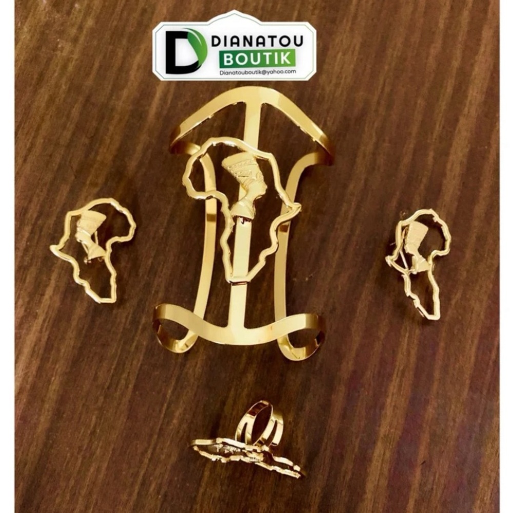 Africa Map Gold Plated Bracelet/Earrings & Ring Set/Adjustable Ring